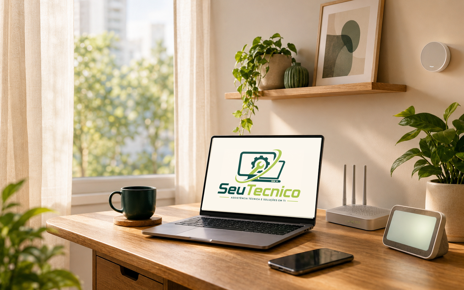 Ambiente de trabalho conectado com notebook e dispositivos inteligentes
